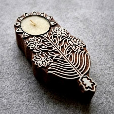 Handcrafted Wooden Floral Leaf T Light Decor Piece